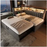 OKWISH Polsterbett Leinen-Ausziehbett 90/180x200 cm mit LED, Bluetooth und Stauraum. (Funktionsbett, 2-tlg., L-Kopfteil mit Stauraumregal, Schlafsofa/Gästebett), mit LED-Beleuchtung & USB/Type-C Ladestation