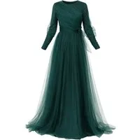 Modavitrini Tüllkleid Maxikleid langarm Abendkleid festlich elegant mit Gürtel bodenlang gefüttert, blickdicht