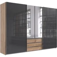 Lomadox Kleiderschrank MIDLAND-43 in Eiche mit grau Schwebetüren Spiegeltüren Schubladen 300x216x65 cm