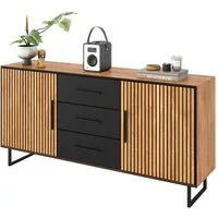 Massivart® Sideboard BELLA 163 cm / Massivholz Eiche geölt / Metallgriffe schwarz, 2 Türen / 3 Schubladen / 2 Einlegeböden / Soft-Close-Funktion