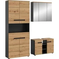 welltime Badmöbel-Set REHAT, 3-teilig, Breite 171 cm, mit grifflosen Fronten, bestehend aus:, (3-St), 1x Hochschrank, 1x Waschbeckenunterschrank & 1x Spiegelschrank