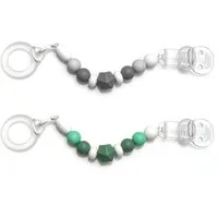 MiaMia Schnuller Grau Grün, 2x Schnullerkette Schnullerband mit Silikon Perlen, Gummiring & Clip