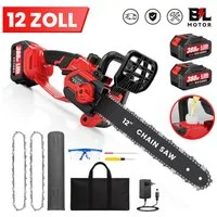 Bundviel Akku-Kettensäge 12-Zoll-Akku-Kettensäge mit 2 × 4000-mAh-Akku, Set, 3 Ketten + 1 Kettenführungsschienen + 1 Schutzabdeckung, 1200 W Bürstenlosmotor Betriebsdauer 2–3 Stunden