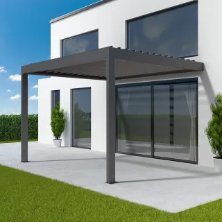 Pergola Grau, Anbaupergola, Aluminium, Lamellendach, Anthrazitgrau Metallic Feinstruktur, 1000x1600 mm oder nach Maß