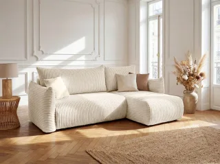 Ecksofa Schlafsofa MAILAND XS in Stoff Tilia Ecru Ottomane Rechts