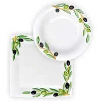 Lashuma Kombiservice Olive (2-tlg), Keramik, Suppenteller Ø 26 cm und Servierplatte 27x27 cm