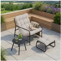 en.casa Gartenlounge-Set, (Set, 3-tlg., Gartenstuhl, Gartentisch, Fußhocker), »Trerdfjoa« Polsterkissen Metallgestell Dunkelgrau/Grau