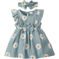 Lapastyle A-Linien-Kleid Ärmellos Baby-Sommerkleid, Strandkleid mit Blumendruck & Stirnband (Set, 2-tlg) Neugeborene Outfit Set, Lässiges Partykleid aus Baumwolle mit Rüschen