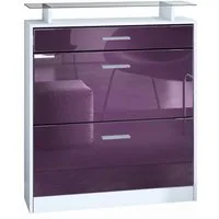 Vladon Schuhschrank Loret (hängender Schuhkipper für 16 Paar Schuhe, mit 2 Klappen und 1 Schublade und Glasablage) Weiß matt/Brombeer Hochglanz (89 x 104 x 23 cm)