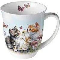 Ambiente Luxury Paper Products Becher Tiere, Kätzchen, Garten, Katze, Schmetterling, Blumen, Pflanzen, 1-tlg., Porzallan Mug 0,4 L Kätzchen im Blumenfeldtasse, Blumen - Pflanzen, Tiere Motiv, Geschenkartikel / Ideal für Kaffee, Tee oder Kakao