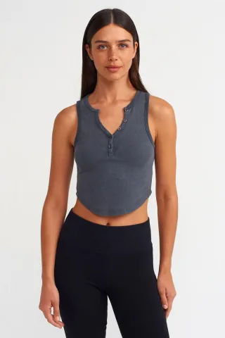Damen Ripp-Optik Crop-Bluse mit Knöpfen