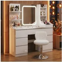 HOMALL Schminktisch Set aus Schminktisch und Hocker, mit LED-Beleuchtung (Maße: 110 x 40 x 139 cm, dimmbare Beleuchtung, inklusive Hocker und Schminktisch, mit 7 Schubladen und 8 offenen Fächern)