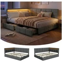 PXloue Polsterbett Daybett Tagesbett (Doppelbett,Kopfteil links oder rechts montierbar), Schlafsofa,2 Schubladen, Mit LED und USB-Ladeanschluss,140x200 cm