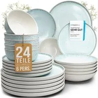 PURE LIVING INTERIOR DESIGN Geschirr-Set Pure Living »Ibiza« (24-tlg), 6 Personen, Steingut, Blau-Beige, 6 Personen, Steingut, Mediterrane Handwerksoptik, Reaktive Glasur – jedes Stück einzigartig…