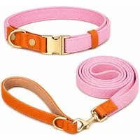 Illes-Laedchen Hunde-Halsband hochwertiges Hundehalsband & Hundeleine Set aus Nylon mit Leder, – Verstellbares Hunde Set in verschiedenen Größen & Farben