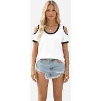 Imily Bela T-Shirt Damen Cold-Shoulder Rundhals Kurzarm Schulterfrei Casual (Packung, 1-tlg., 1per-Pack) mit Kontrastbündchen