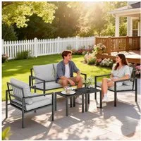 Outsunny Sitzgruppe mit 2er Sofa, Sessel, Sitzkissen, Beistelltisch, (Sitzgruppe, 5-tlg., Balkonmöbel-Set), für Garten Terrasse Balkon Hellgrau
