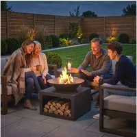 Outsunny Feuerschale Ø59 cm Feuerstelle mit Holzablage, Schürhaken Holz & Kohle nutzbar, (Set, 1-St., Outdoor Feuerkorb), für Garten Terrasse Schwarz