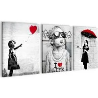 Novart Bild Wandbilder Set Banksy Style Collage - 3 Bilder Wohnzimmer Streetart, Kinder, made in Germany