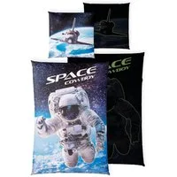 Carpe Sonno Kinderbettwäsche 135 x 200 Jungen Leuchtend Bettwäsche Kinder Astronaut Weltall +SPIELE, Renforcé, 2 teilig, GLOW IN THE DARK Bettbezug 135x200 - 100% Baumwolle