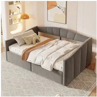 Odikalo Schlafsofa Schlafcouch 90x200 140x200 mit Bettkasten, Polsterbett Sofabett 90x200 / 140x200 cm, Mit hydraulischer Lagerung, Mit Lattenrost und Armlehnen, Klassische Streifen, Vielseitiges Doppel, Hautfreundlicher Samtstoff Grau / Hellgrau