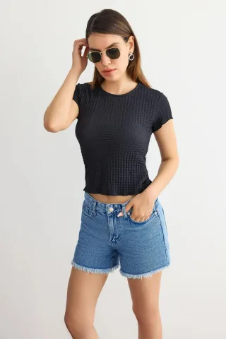 Kurzarm Rundhals Cropped Top aus strukturiertem, gedrehtem Stoff