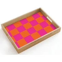 OnlyWow Tablett Rechteckig mit Henkel Schachbrettmuster - Orange - Rosa - Blöcke, Eichenholz, (1-tlg), Siervierplatte, Tray, Frühstücksbrett