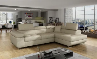 Ecksofa Schlafsofa SARRA in Stoff Jarell Hellbeige Ottomane Rechts
