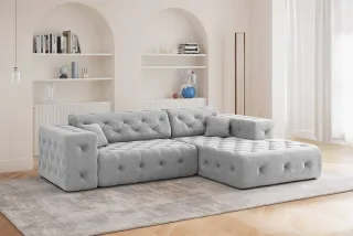 Ecksofa Designersofa CHANTAL in Stoff Moly Hellgrau Ottomane Rechts