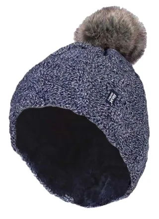 Wärmehalter - Damen Strickfleece gefütterte Thermo-Bommelmütze mit Pom Pom