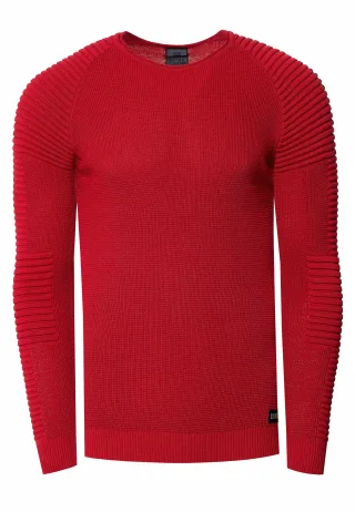 Slim Fit Feinstrick Biker Rundhals-Pullover