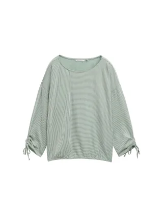 Denim Tom Tailor - Loose Fit Langarmshirt mit Raffärmeln green white small stripe - Gr. - M