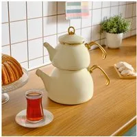 Karaca Teekanne Retro Emaille Teekannen Set, Creme Induktionsgeeignet