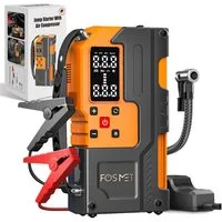FOSMET 7000A 12V Starthilfe Powerbank mit 150PSI Kompressor & Smart-Klemmen Autobatterie-Ladegerät (26800mAh Starthilfe Powerbank für alle Benzin &10L Diesel mit USB & DC, Starthilfe Auto mit LCD Bildschirm und 800 Lumen Notlicht)
