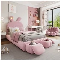 Flieks Polsterbett, LED Einzelbett 90x200cm mit Hasenohren Kopfteil und 2 Stauraumhockern