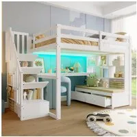 Merax Hochbett 140x200 mit LED (1-St., Hausbett Etagenbett Jugendbett) Holz Kinderbett mit Schreibtisch Regalen Schubladen Stauraumtreppe