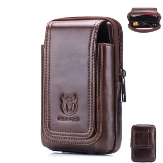 BULLCAPTAIN Men's Leather Belt Waist Bag Travel Small Fanny Pack Phone Pouch Multifunctional Male Waist Bag Leather Pouc