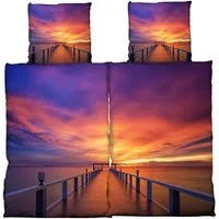 One Home Bettwäsche Fotodruck, Mikrofaser, 4 teilig, Partner Steg Strand Maritim, Knitterfrei Weich für Sommer und Winter