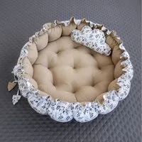 Loolay Baby-Reisebett Zweiseitig ENGELSNEST XXL Premium WAFFELPIQUE + Decke + Kissen, 2-tlg., Babynest TAUPE Beige/ BLUMEN BRAUN Baumwolle Krabbeldecke