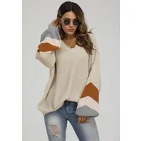 FS Collection Strickpullover Gestreifter Pullover mit V-Ausschnitt – Lange Ärmel - Onesize - Beige (elegantes, alltagstaugliches Design für Damen) 100 % Acryl - Einheitsgröße: UK 8–16 / EU 36–44