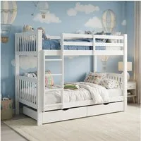 Homestyle4u Etagenbett 90x200 Kinderbett Geschwisterbett Weiß Doppelstockbett Hochbett Holz (Komplett-Set mit 2x Lattenrost, 2x Matratze mit OEKO-TEX® Standard 100, 2x Bettkasten), mit Stauraum, Kiefer, umbaubar zu 2 Betten, einzeln stellbar, geteilt