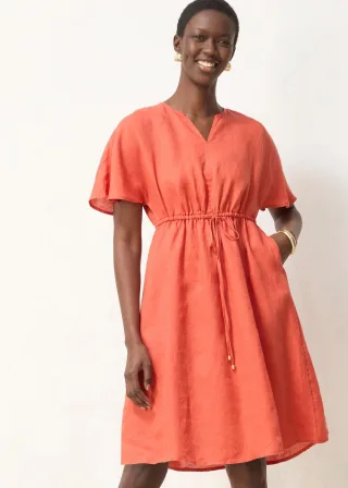 bonprix Kleid aus reinem Leinen, rot, Gr.42, sommerliches Leinen-Kleid mit Raffung in der Taille, aus Leinen