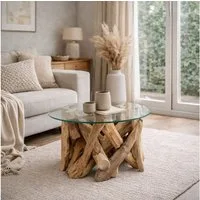 LebensWohnArt Couchtisch Individueller Teak Couchtisch TORA rund Glasplatte D70cm
