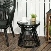 Outsunny Beistelltisch Runder Ratten Kaffeetisch, Bistrotisch mit Glastischplatte (Gartentisch, 1-St., Couchtisch), für Terrasse, Balkon, Metall, Schwarz