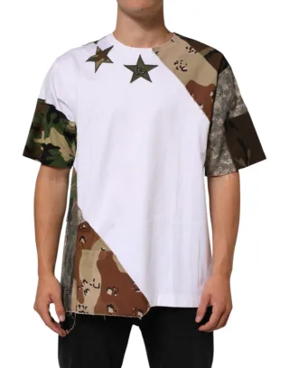 Dolce & Gabbana Weißes Camouflage Patchwork Herren Baumwoll-T-Shirt