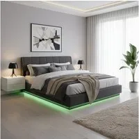 en.casa Polsterbett, »Tröstiar« mit LED-Beleuchtung Bettkasten Leinen 180 x 200 cm Schwarz