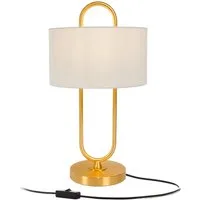 relaxdays Nachttischlampe Tischlampe U-Form mit Leinenschirm, Ein-/Ausschalter, ohne Leuchtmittel, Weiß/Gold
