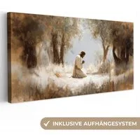OneMillionCanvasses® Leinwandbild Panorama Jesus - Kniend - Waldlandschaft - Betend, Fotodruck (1 St), Wandbild, Deko Schlafzimmer Wohnzimmer Flur 40x20 cm