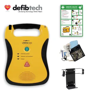 Defibtech –  Lifeline AED SG Defibrillator + Wandhalter, Safeset, Tasche &amp; Hinweisschild Erste Hilfe