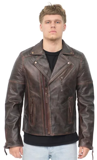 Brando Herren-Bikerjacke aus Leder mit doppeltem Kreuzreißverschluss und Casablanca